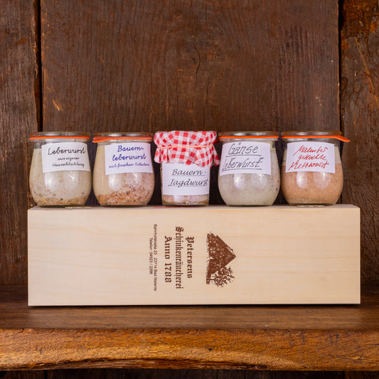 Geschenkset mit Holzbox "Wurst-Fünfer"